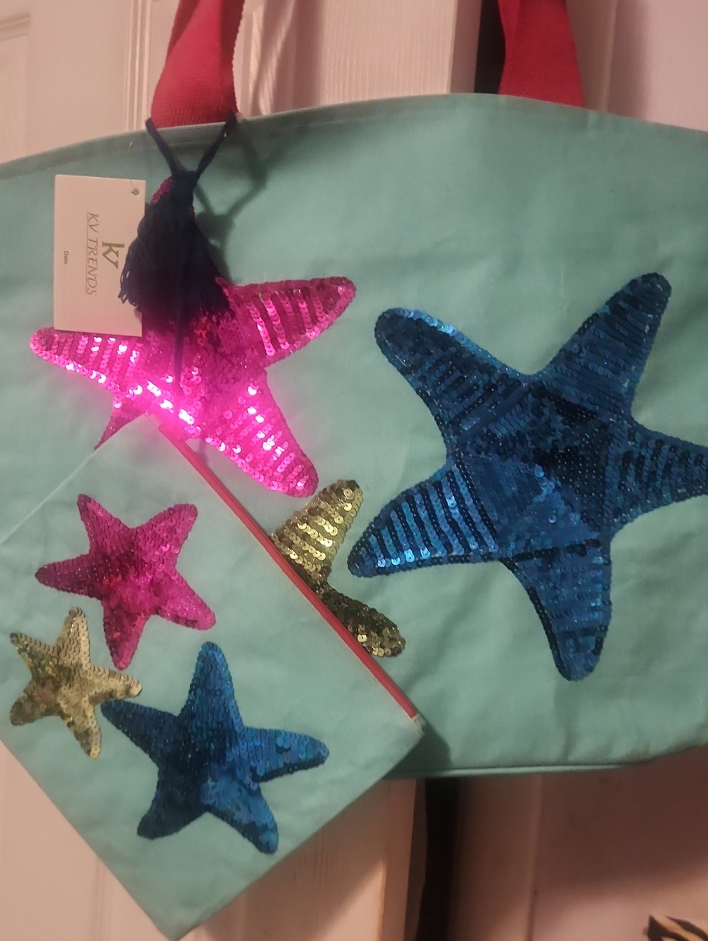 Kids Aqua Sequin Star BEACH BAG,Tote Bag with Pink & Blue Accents and Pouch.